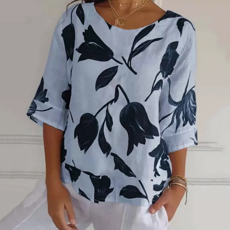 Comstylish Casual Floral Printed Round Neck Linen T-Shirt