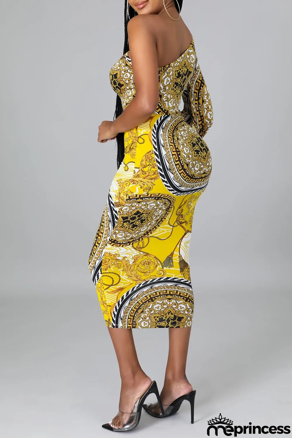 Green Sexy Print Hollowed Out One Shoulder Pencil Skirt Dresses