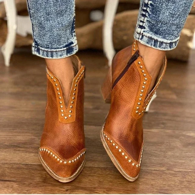 Faux Leather Pattern Wooden Chunky Heel Boots