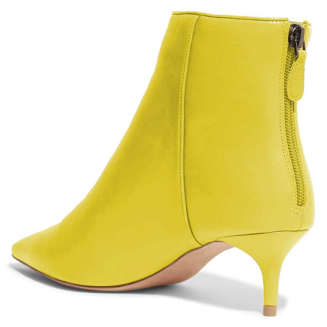 Vegan Leather Pointed Toe Back-Zip Kitten Heel Ankle Boots in Yellow