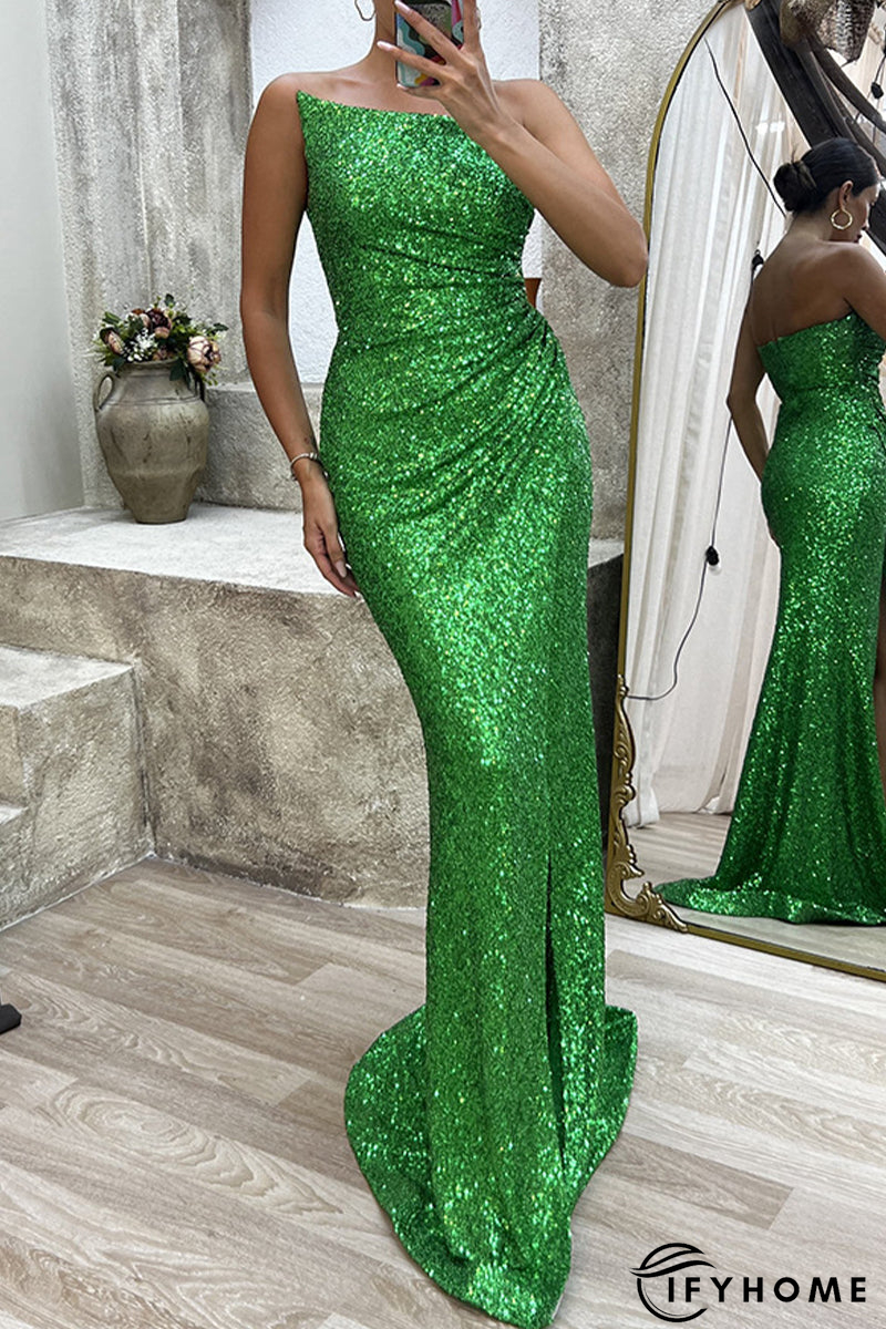 Sexy Formal Solid Slit Asymmetrical Oblique Collar Evening Dress Dresses | IFYHOME