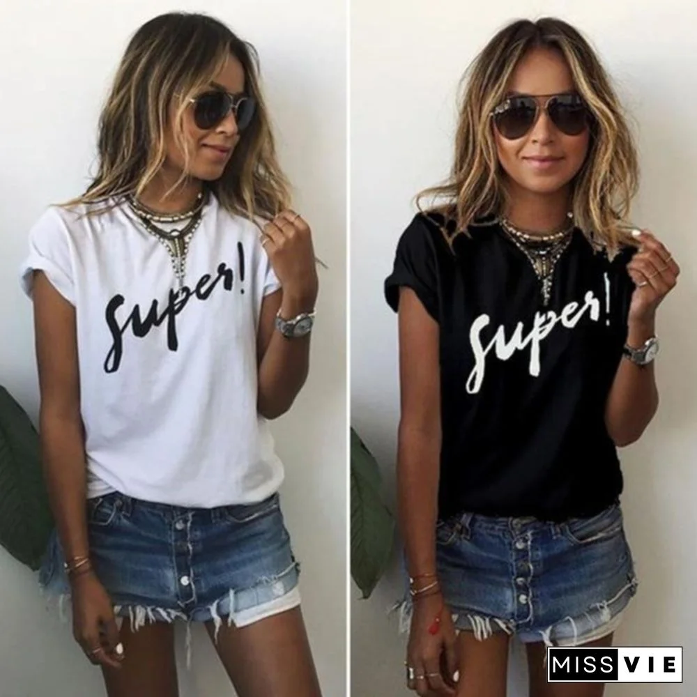 Women Casual O Neck Letter Print T Shirt Summer Plus Size Tops