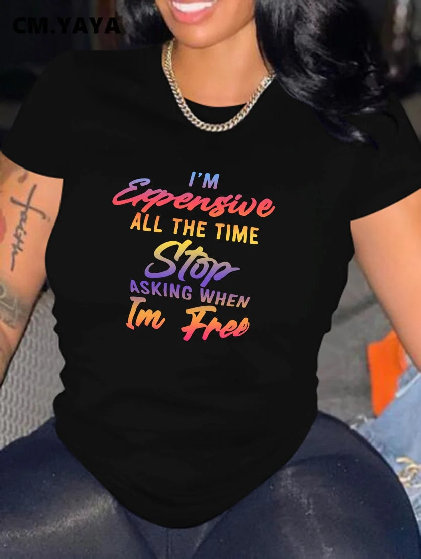 CM.YAYA Women T-shirts Letter Print Short Sleeve O-neck Stretchy T Shirt Tops Female Fashion Streetwear Casual Tees Tops Summer