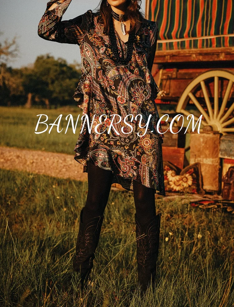 Paisley Prin Vintage Long Sleeve V Neck Dresses