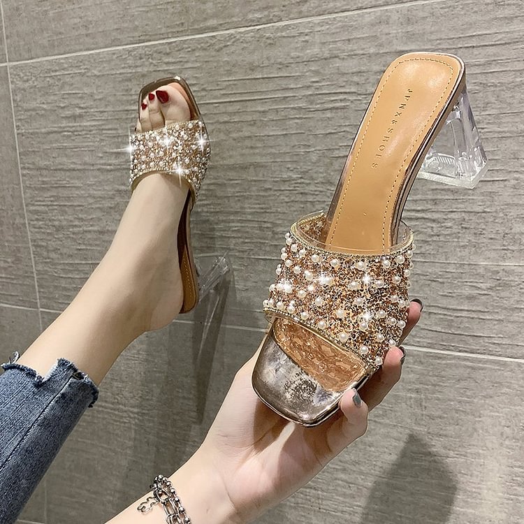 Silver Champagne Women's Sandals Summer New Shoes Pearls Clear Heel Open Toe Comfort Pvc Sexy Square Heel Zapatillas Casa Mujer