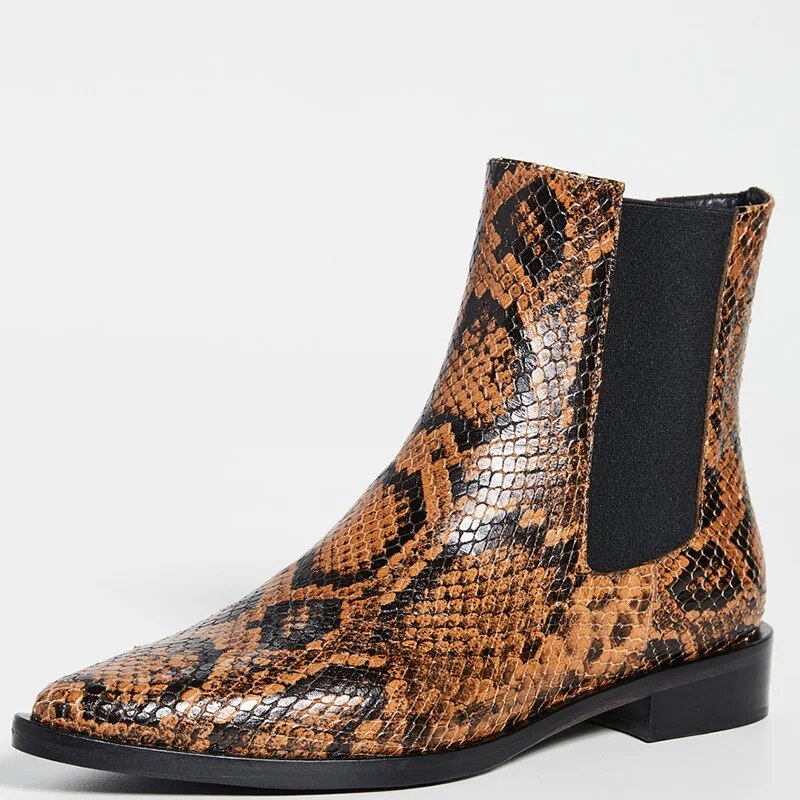 TAAFO Red Snakeskin Chelsea Boots Woman Short Boots Ankle Chunky Heels Pointed Toe Laege 