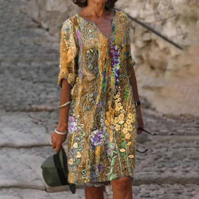 Casual V Neck Printed Midi Dress  artssus