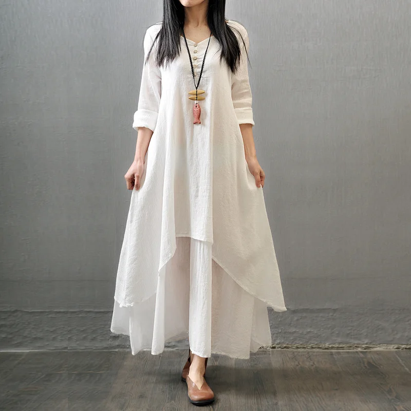 Uveng Uveng Spring And Autumn New Fake Two Long Dress Literary And Wide Linen Dress Loose Long-Sleeved Solid Cotton Dress Summer
