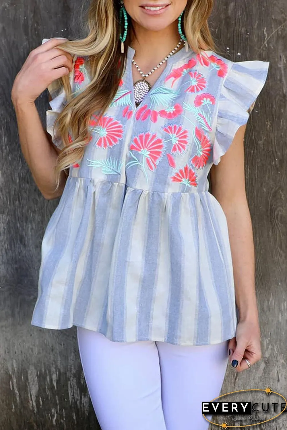 Sky Blue Floral Embroidered Striped Ruffled Top