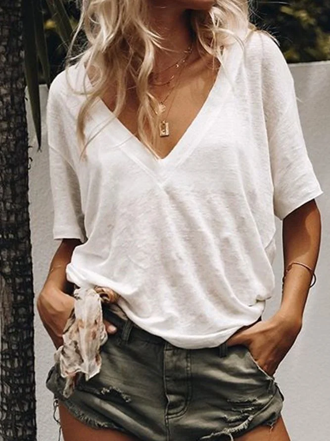 Women Summer Solid Casula Loose V neck T Shirt Tops