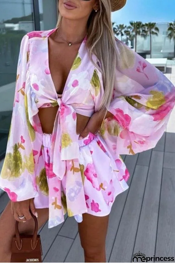 Floral Printed Balloon Sleeve V Neck Shirt Elastic Waist Straight Leg Shorts Set