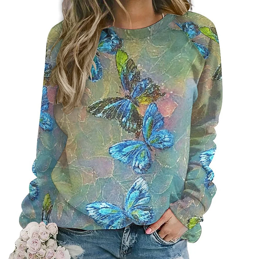 Printed Long Sleeve Casual Sweatshirt for  Women and Men Unisex Pattern Blue, Green, Butterfly