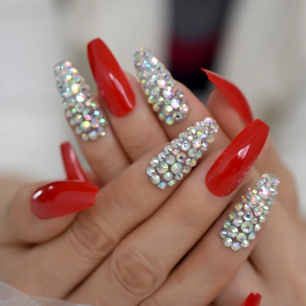 Extra Long Fake Nails False Set Press On Tips Ombre 3D Bling Nails With Rhinestones Coffin Ballerina Nail Art-Nail Inspo