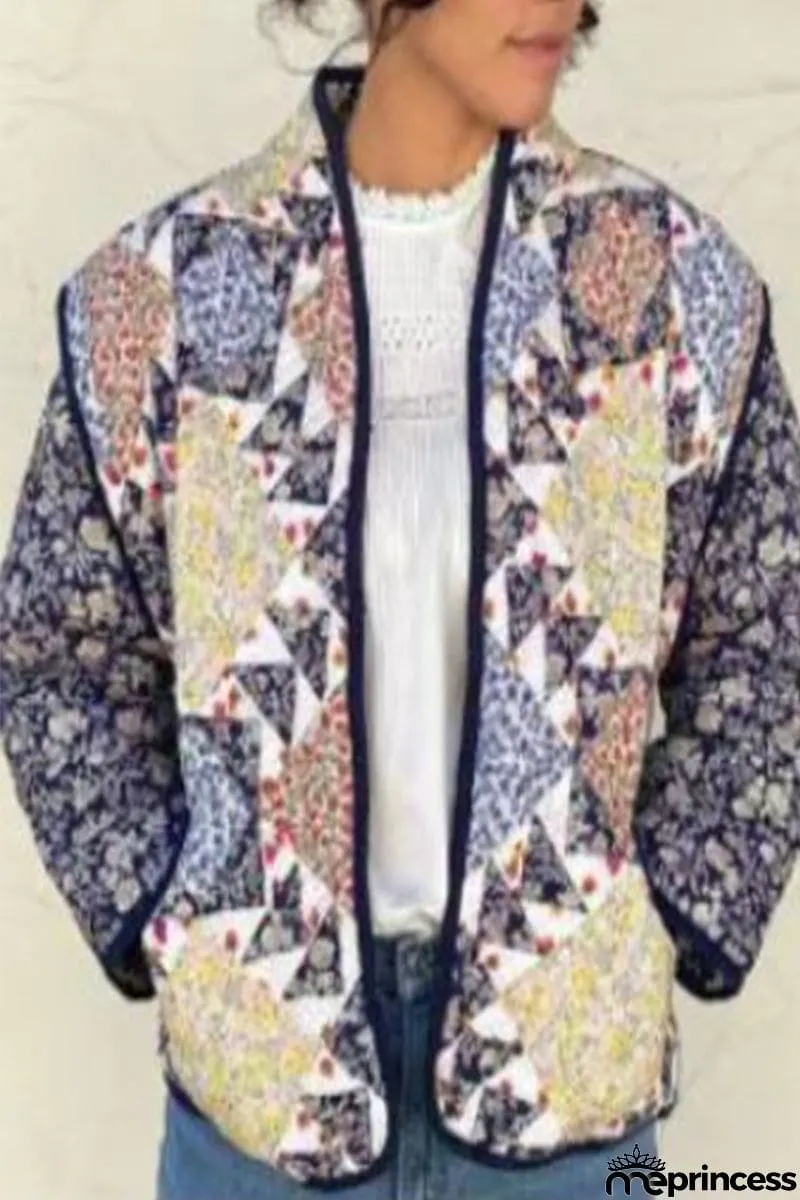 Casual Print Patchwork V Neck Outerwear