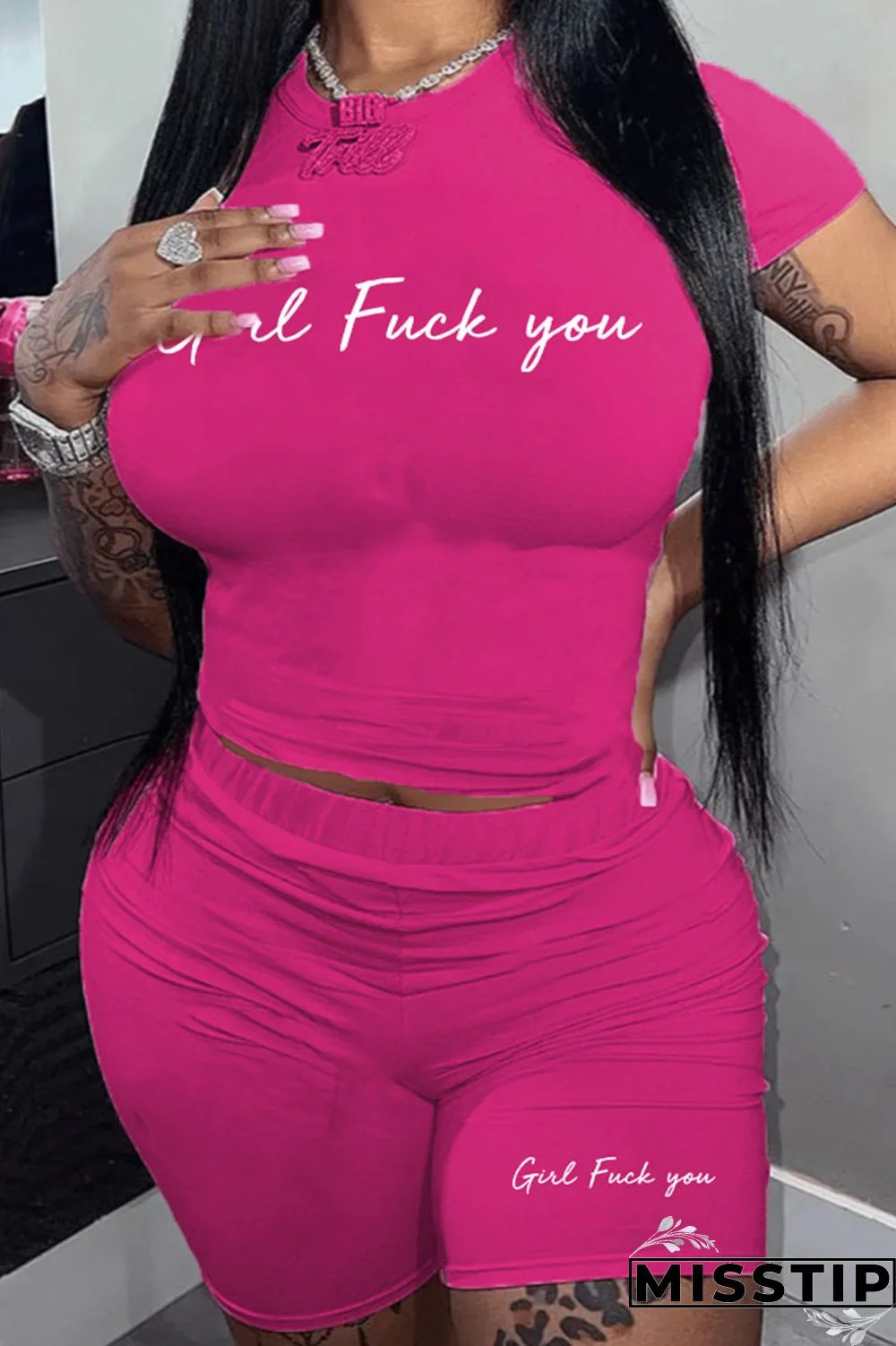 Black Casual Letter Print Patchwork O Neck Plus Size Two Pieces