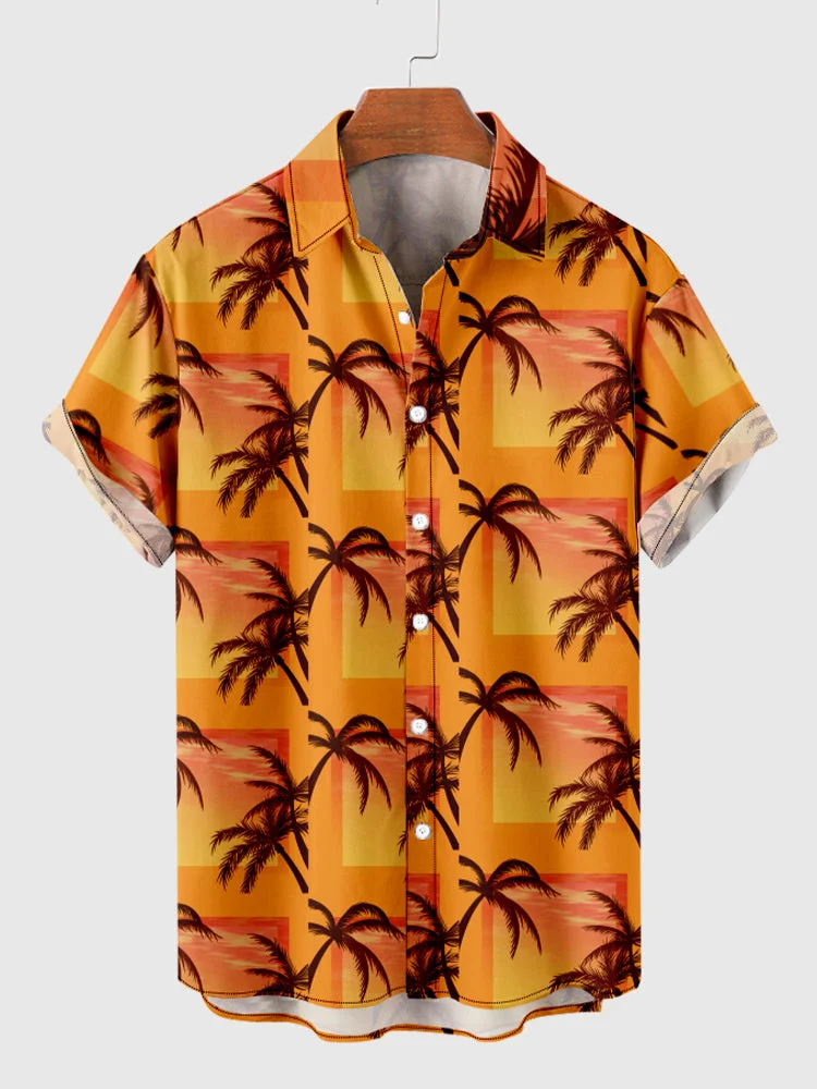 Burning Nightfall and Coconut Trees Printing Hawaiian Men's Short Sleeve Shirt