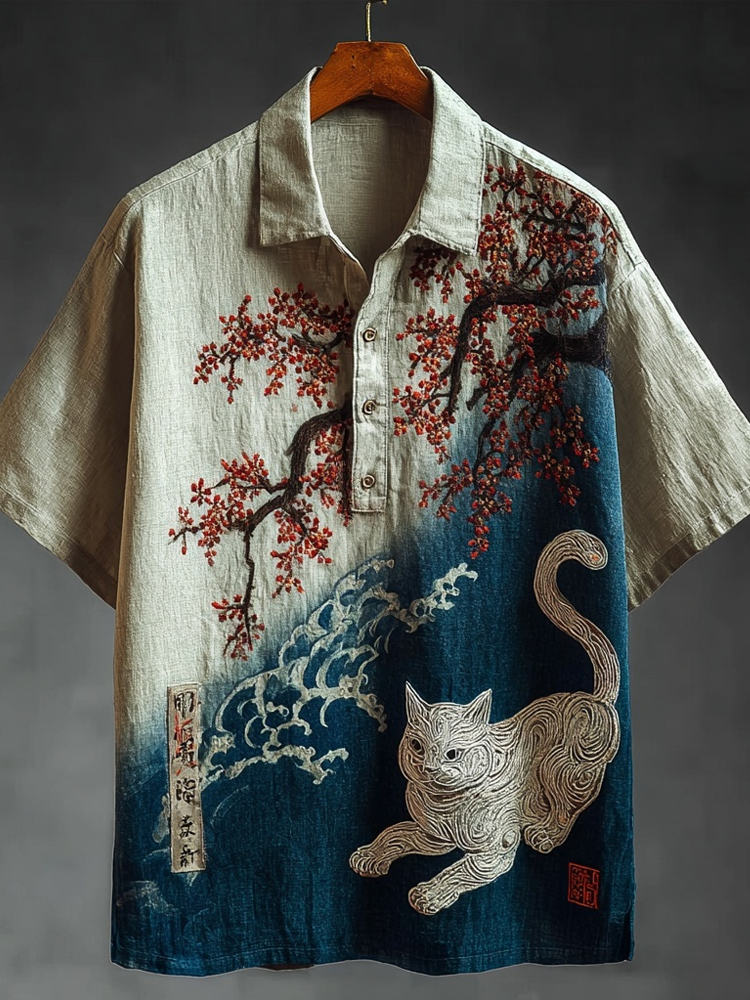 Vintage Japanese Cherry Blossom & Cat Embroidered Linen Shirt  artssus