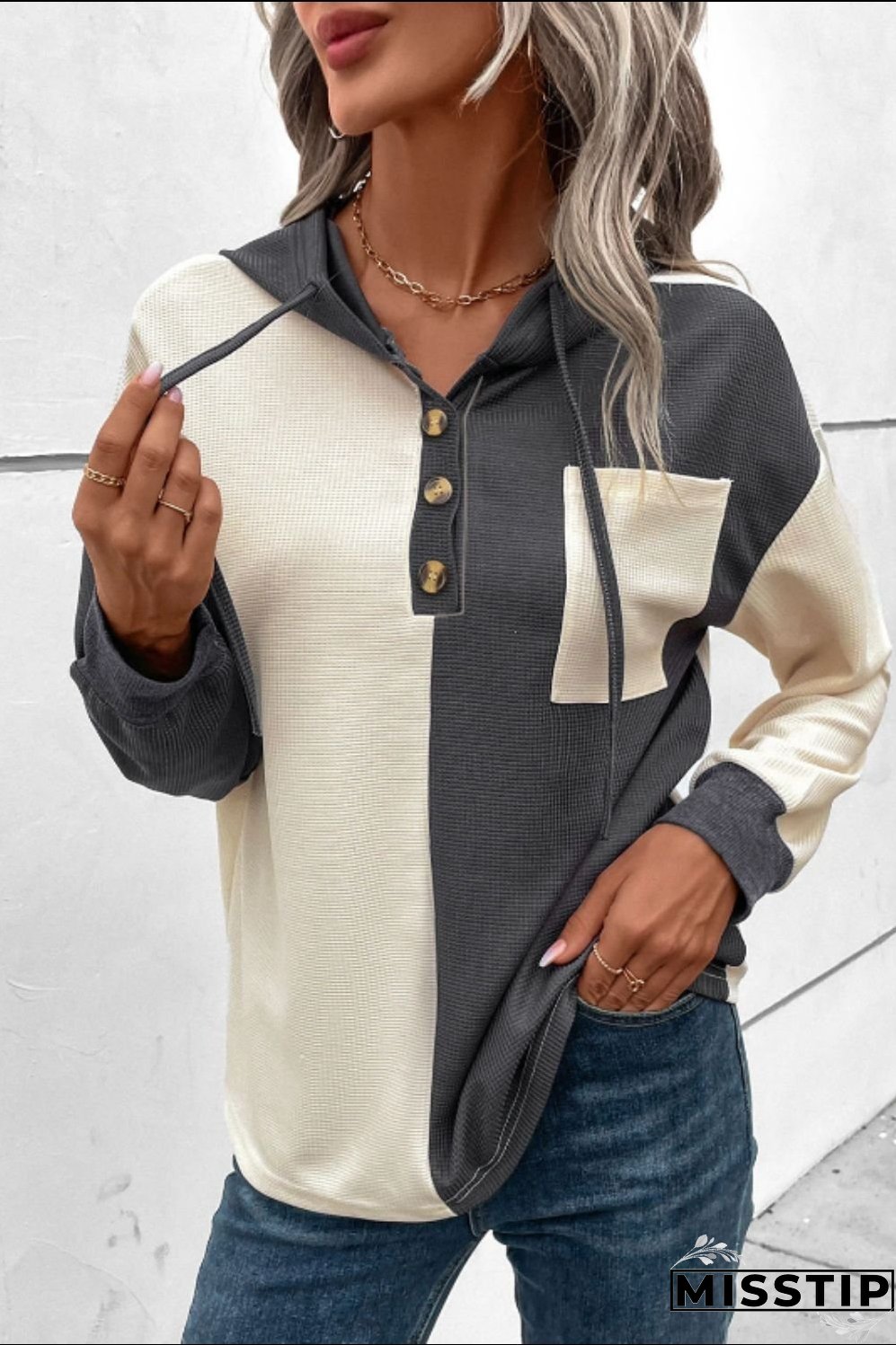 Waffle-Knit Two-Tone Long Sleeve Hoodie