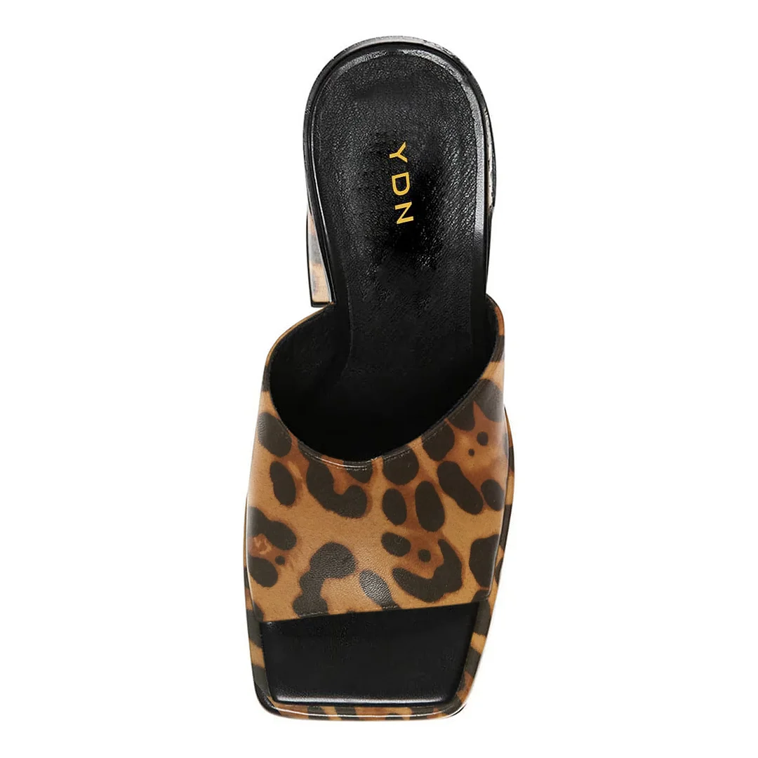 Leopard Printed Vegan Leather Square Toe Wide Band Heel Platform Mules