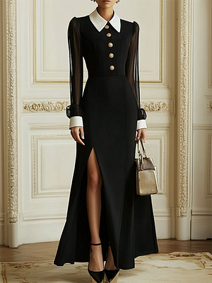 Image of Split-Side Solid Color See-Through Buttoned Long Sleeves Lapel Shirt Dress Maxi Dresses