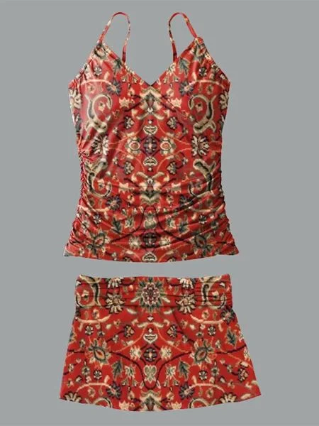 V Neck Retro Pattern Print Suspender Bikini Pants Set Swimsuit