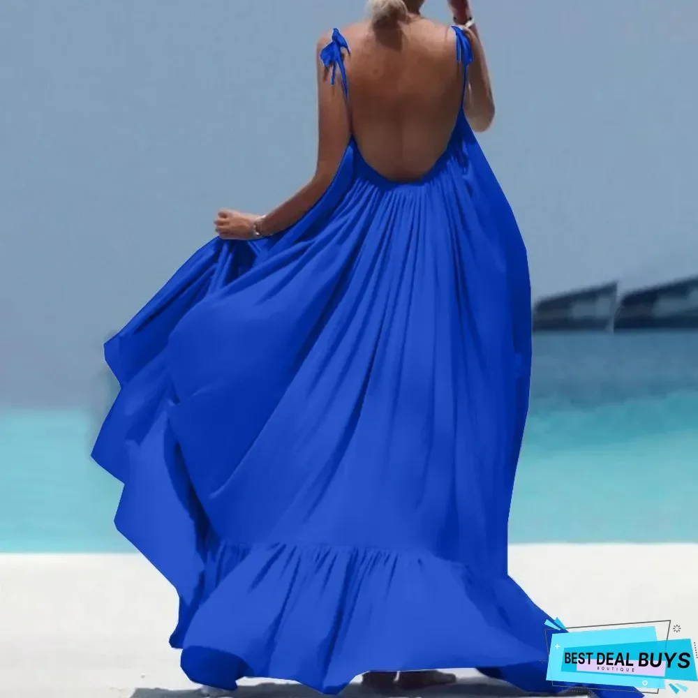 Elegant Spaghetti Strap Flowing Plain Maxi Dress