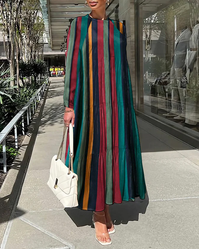 Vertical Stripes Contrasting Colors Long Sleeve Casual Dress