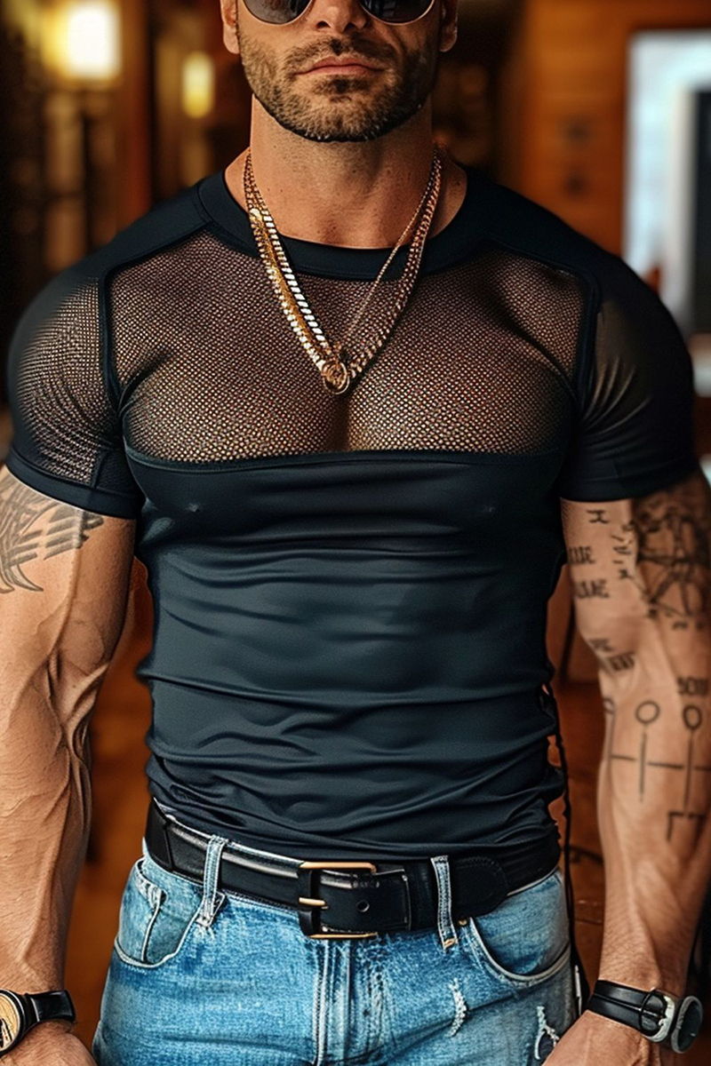 Men's Mesh Patchwork Stretchy Tight-Fit Black Top