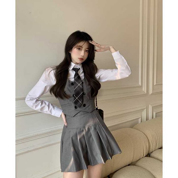 College Style Japanese Fashion Jk Suit School Uniform Girl Outfit Casual Vest Jacket Tie Pleated Skirt Shirt Slim Women 4Pcs - BlackFridayBuys