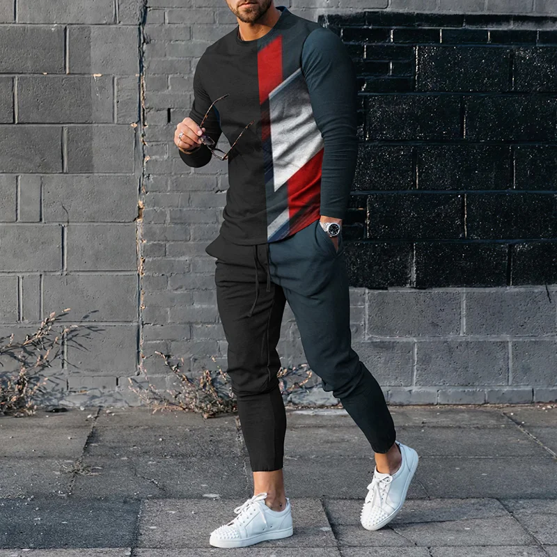 Men'S Splicing Long Sleeve T-Shirt And Pants Co-Ord