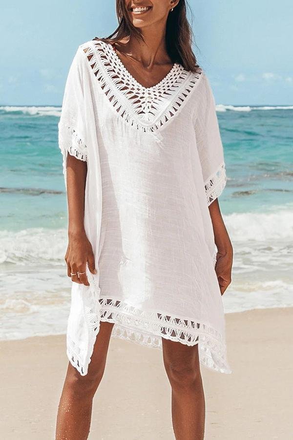 Women V-neck Hollow Woven Solid Color Blouse-Allyzone-Allyzone