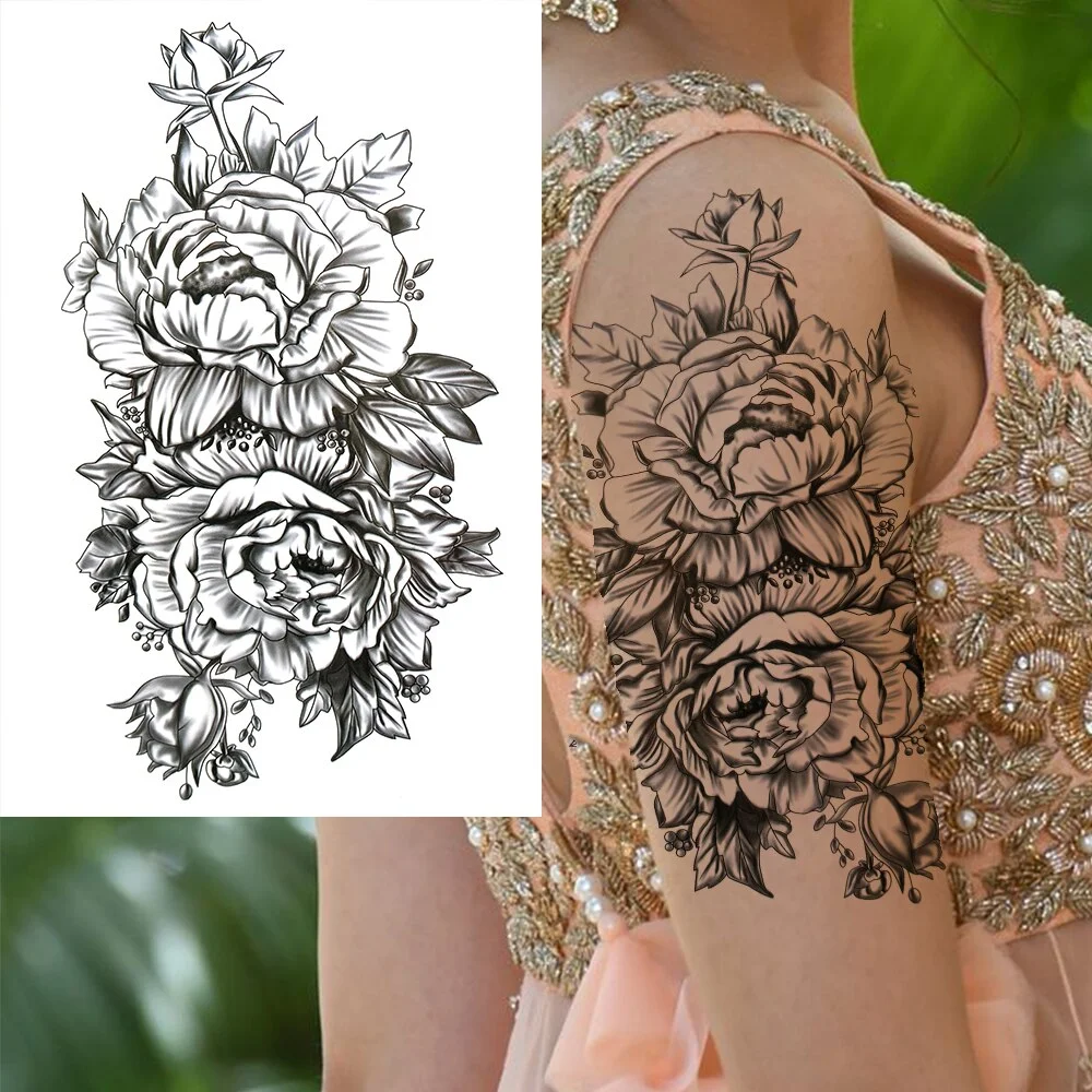 Sdrawing Lily Flower Temporary Tattoos For Women Adults Fake Lotus Orchid Dahlia Peony Tattoo Sticker Black Waterproof 3D Tatoos Arm