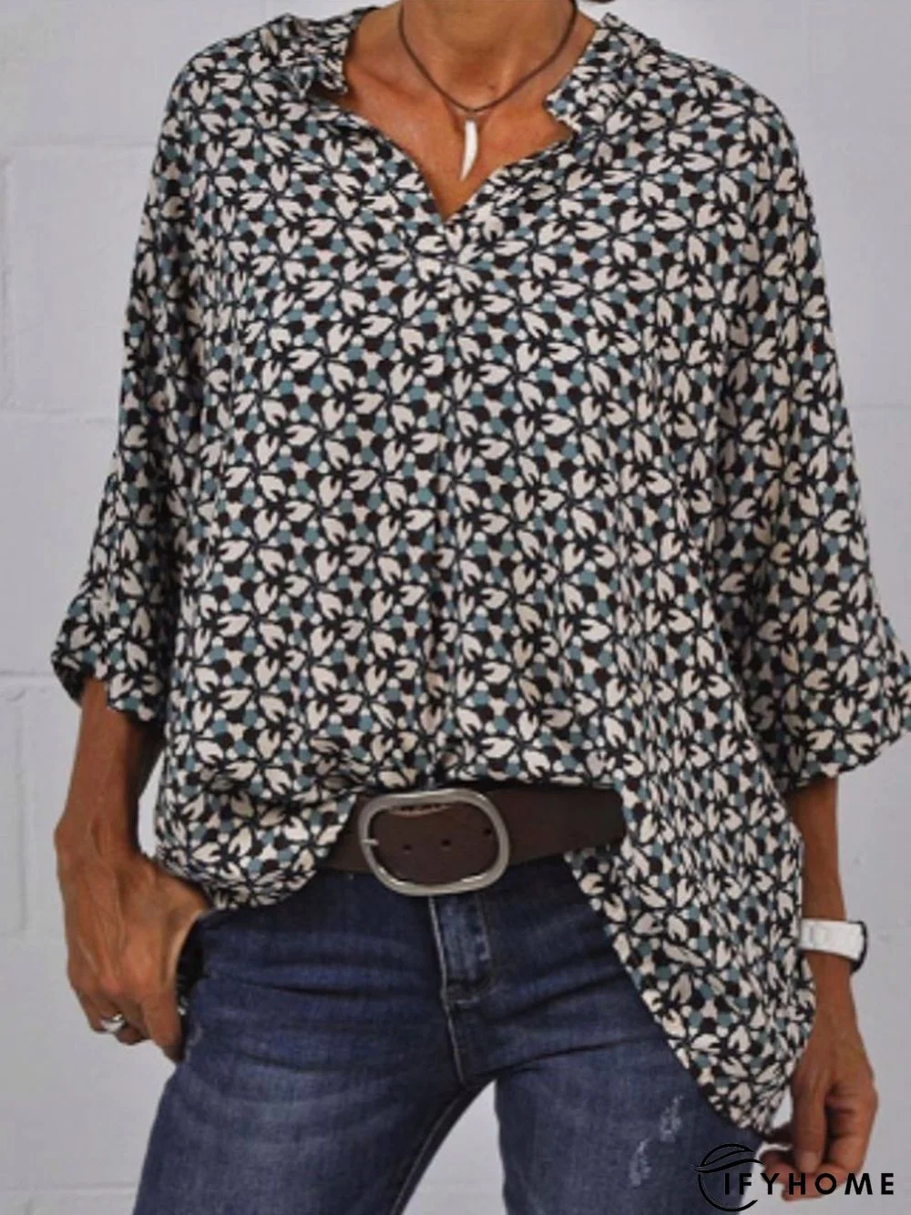 Floral Polyester Cotton Shirt Collar Tunic Top | IFYHOME