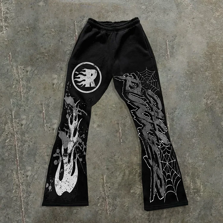 Flame Abstract Spider Web Graphic Hellstar Flared Trousers
