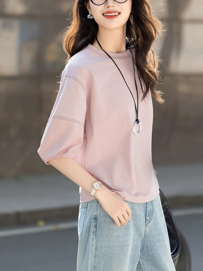 Athvotar Athvotar Collar Seven-Sleeved T-Shirt Girl 2025 Summer New Relaxed Leisure Age Cut Lantern Sleeve Top