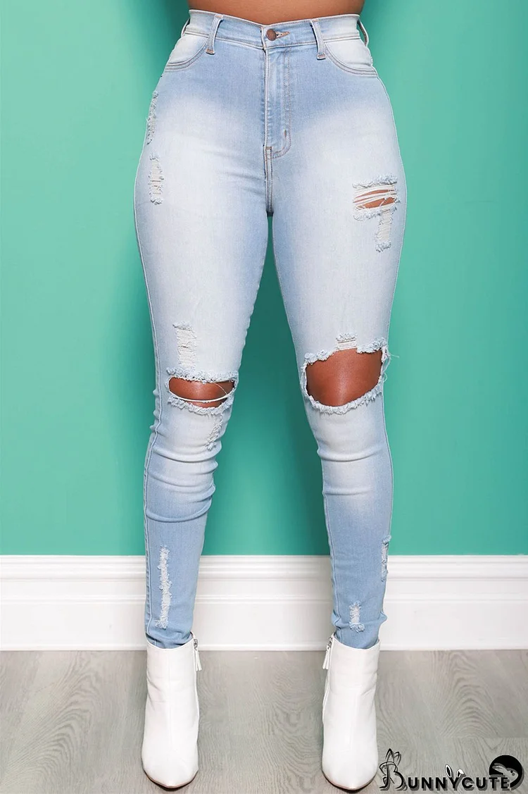 Baby Blue Fashion Casual Solid Ripped High Waist Skinny Denim Jeans