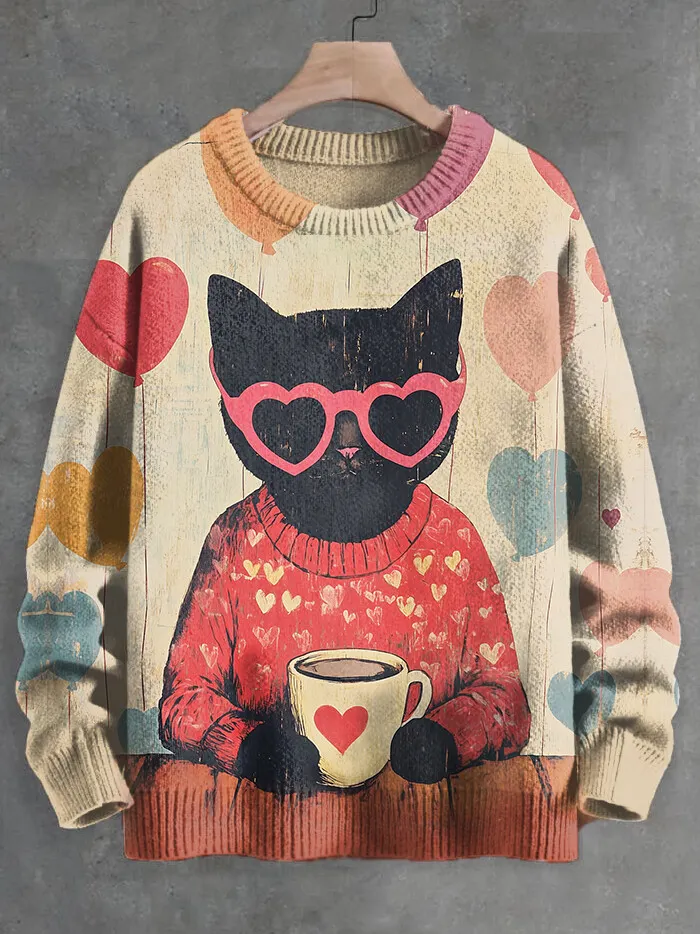 Men's Valentine's Day Cat Love Art Print Knit Sweatshirt