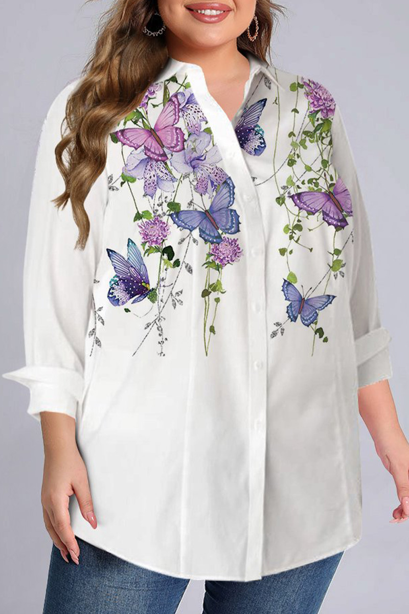 Flycurvy Plus Size Casual White Turn-Down Collar Butterflies Print Blouses 2024 - Flycurvy 