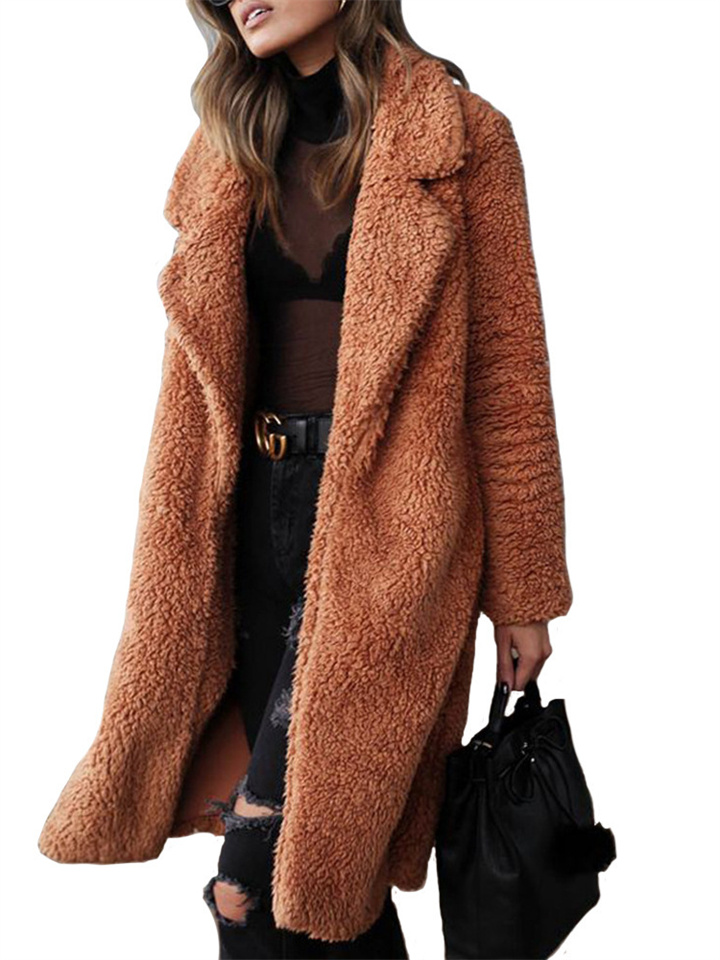 Autumn and Winter Solid Color Long-sleeved Lapel Women Plush Top Temperament Commuter Double-sided Velvet Long Coat Coat | 168DEAL