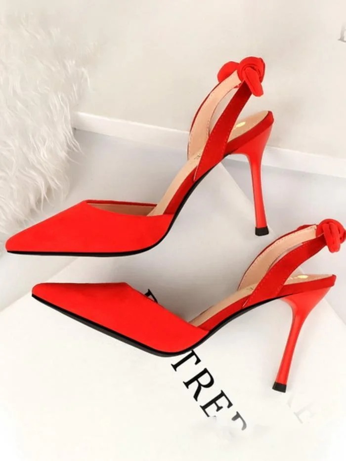 Fashion stiletto suede shallow mouth pointed toe hollow back strap small bow sandals