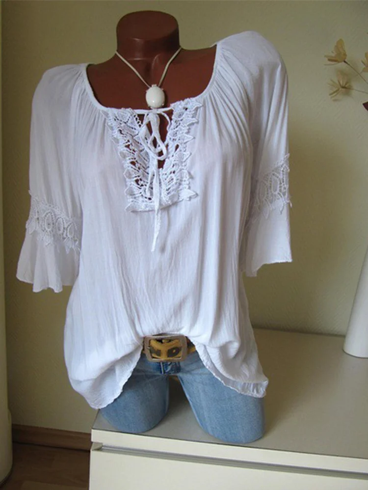 Daily Drawstring Lace Splicing 3/4 Sleeve Solid Blouse