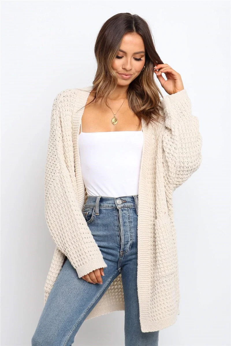 Fitshinling Oversize Knitted Long Cardigan For Women Pockets Slim Solid Winter Coat Jacket Female Long Sleeve Sweaters Cardigans