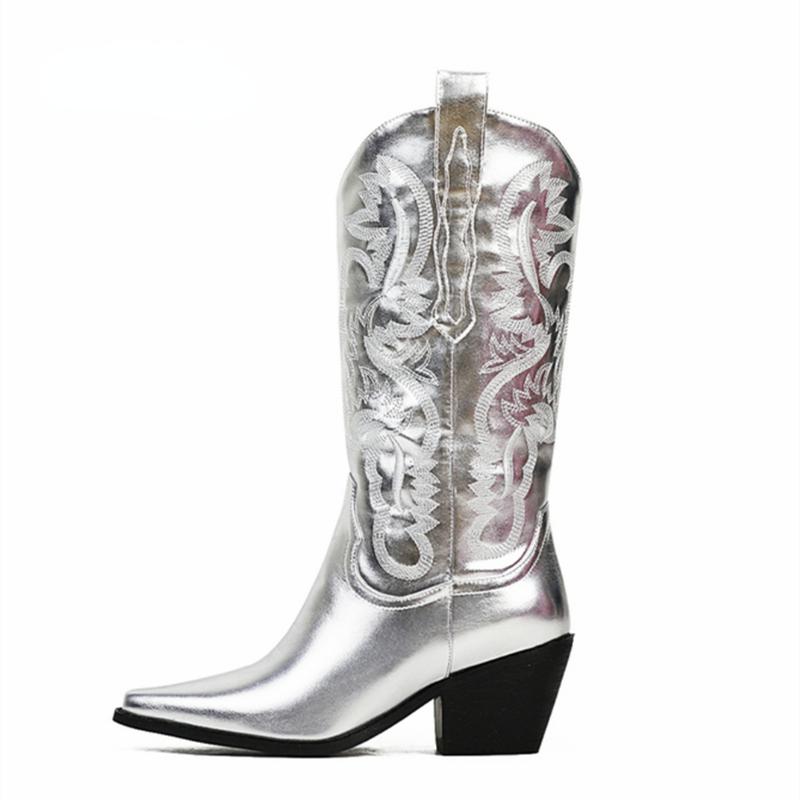 VCSHOES Western Cowgirl Cowboy Boots Women Metallic Leather Mid Calf Boots Retro Pointed Toe Pull On Embroidered Shoes For Woman