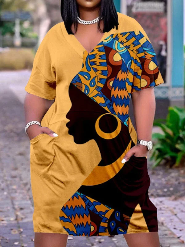 Women's Colorful Plus Size V-neck Mid-sleeve Dress
