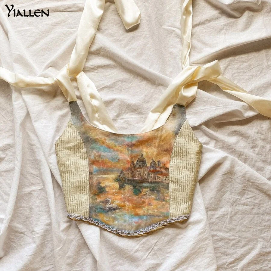 Yiallen Summer Vintage Aesthetic Printed Lace Up Camisole Y2K Women Bow Bandage Hollow Tank Top Skinny Party Streetwear  Trend