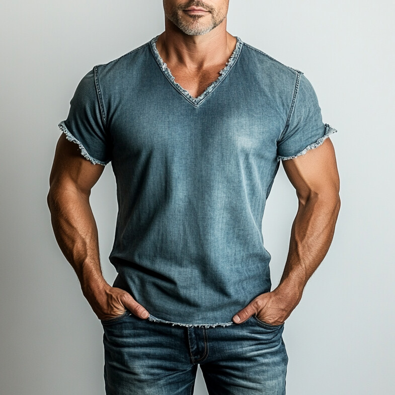 Men's Denim Raw Edge V Neck Short Sleeve T-Shirt