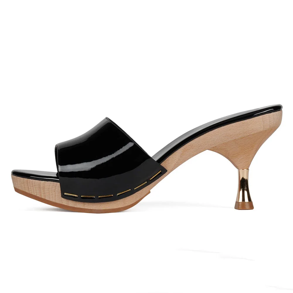 Black Patent Leather Open Toe Spool Heel Platform Slide Sandals