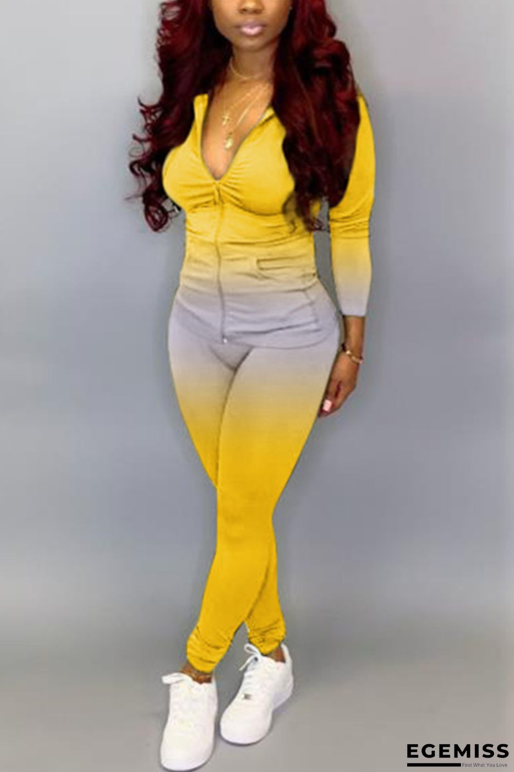 Yellow Fashion Long Sleeve Hooded Collar Regular Sleeve Regular Gradual Change Print Two Pieces | EGEMISS