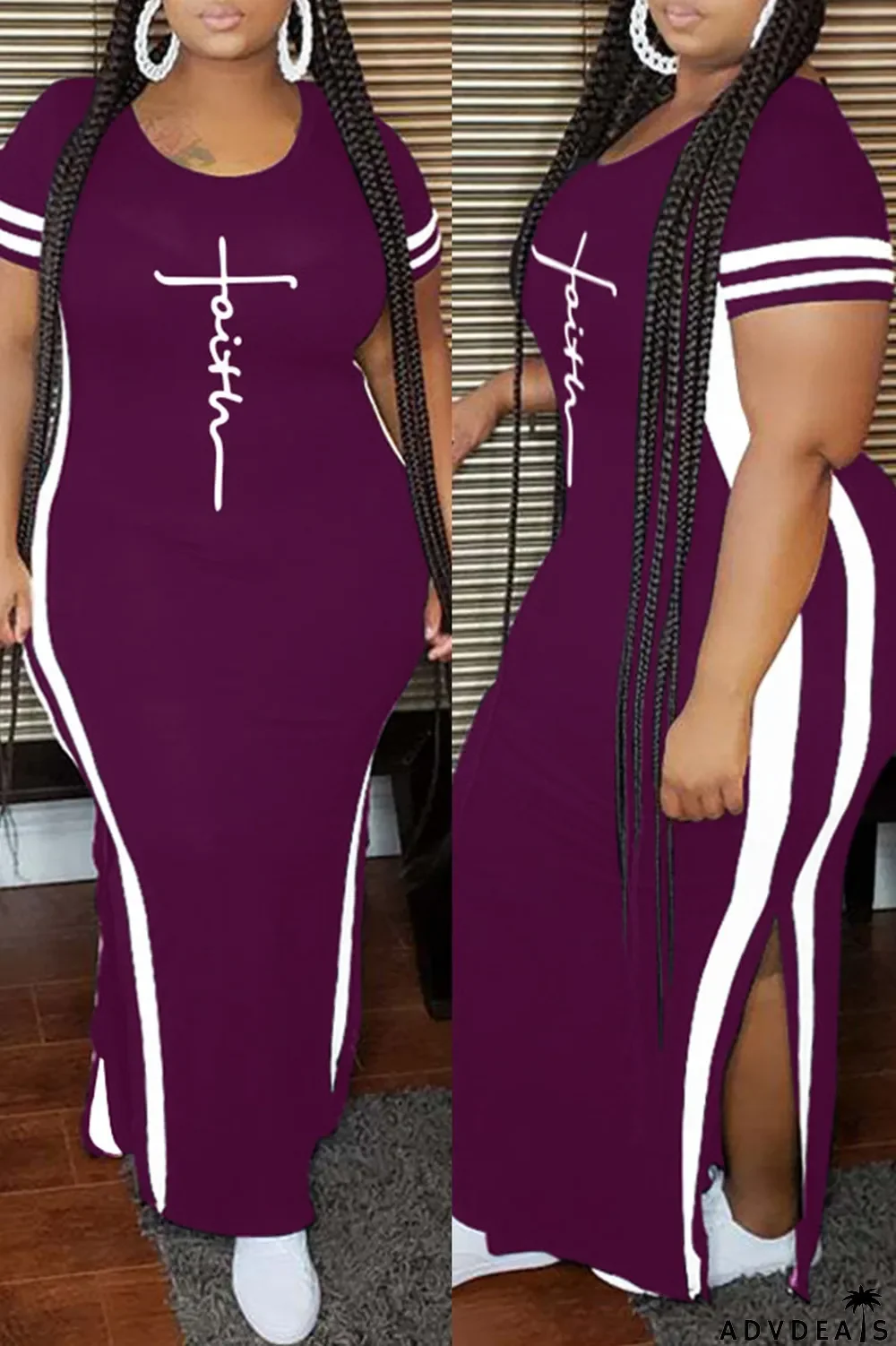 Tibetan Blue Fashion Casual Plus Size Print Slit O Neck Short Sleeve Dress