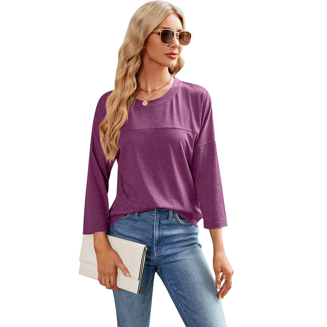Uveng Solid Color Casual Sleeve Round Neck Blouses